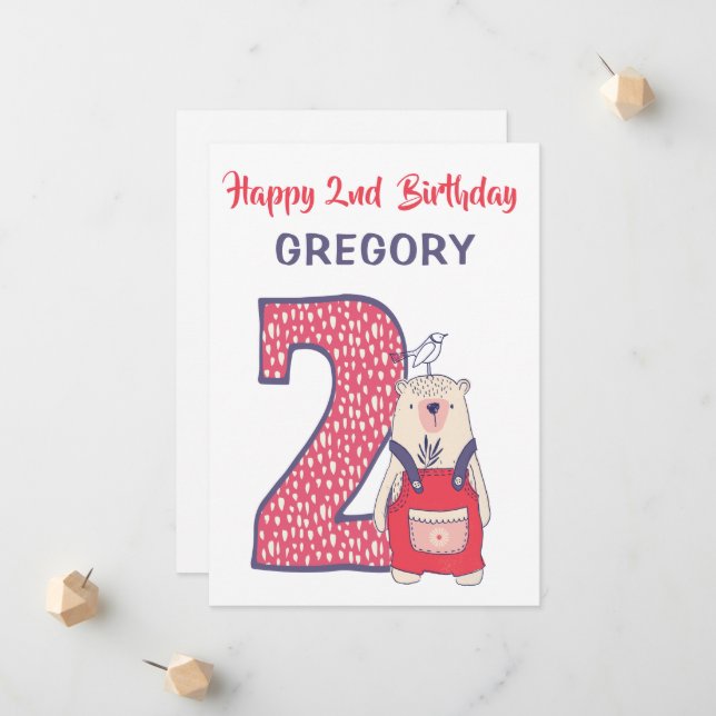 Cute bear second birthday card with name (Front/Back In Situ)