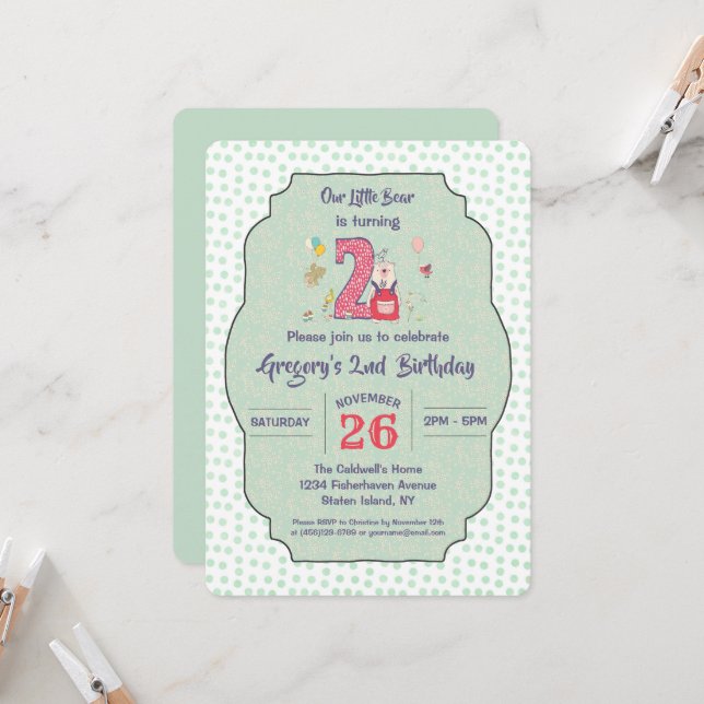 Cute bear second birthday celebration invitation (Front/Back In Situ)