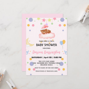 Cute Bear star balloon baby shower party girly Invitation