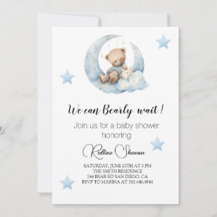 Cute Bear & Stars Blue Baby Shower Invitation