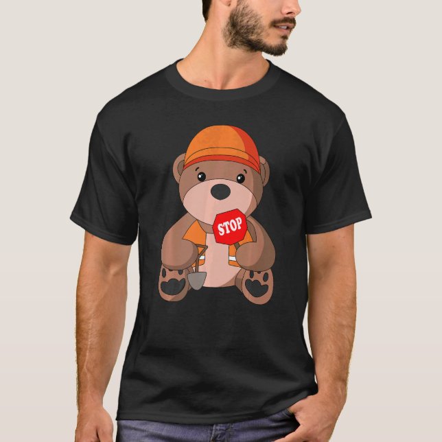 Cute Bear Stop Sign Construction Worker  T-Shirt (Front)