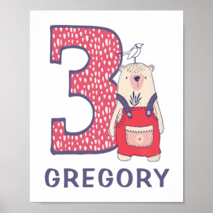 Cute bear third birthday with name poster