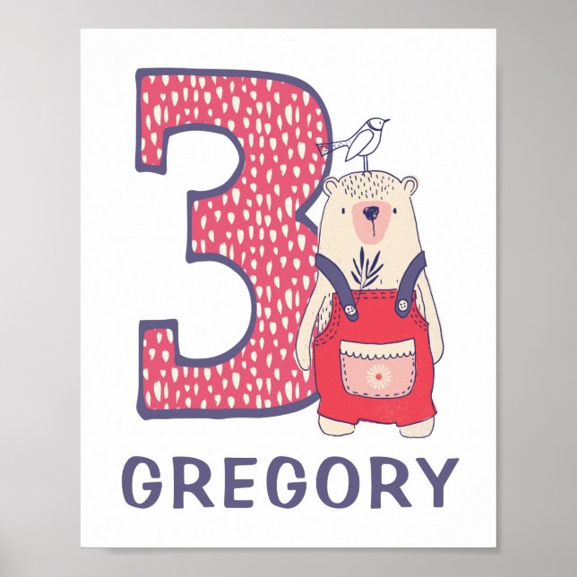 Cute bear third birthday with name poster (Front)