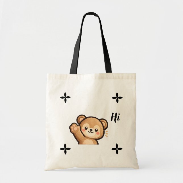 Cute Bear Tote Bag – “Hi” Minimal Kawaii Design (Front)