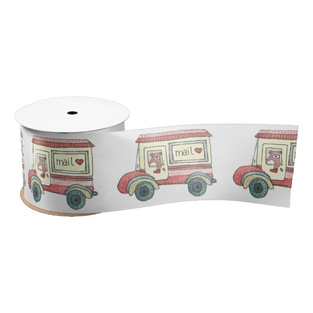 Cute Bear Valentine Mail Truck Watercolor Satin Ribbon (Spool)