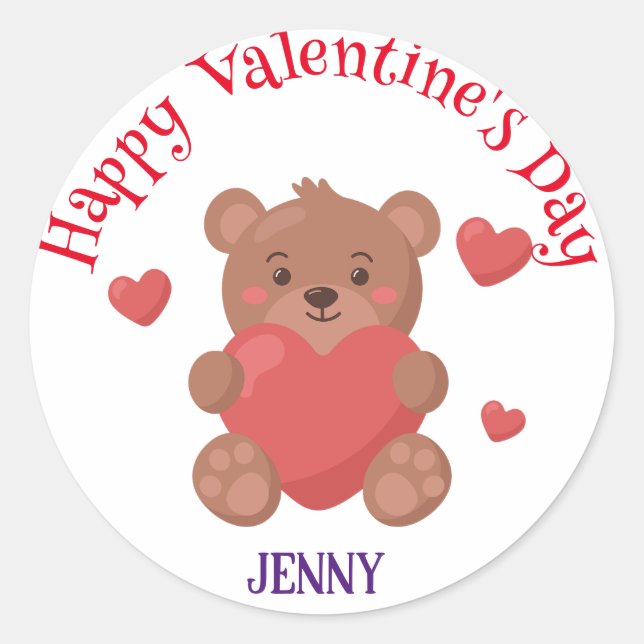 Cute Bear Valentine's day Customised name Classic Round Sticker (Front)