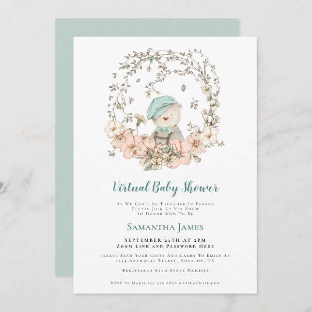 Cute Bear Vintage Foliage Virtual Baby Shower Invitation (Front/Back)
