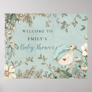Cute Bear Vintage Welcome Baby Shower Powder Blue Poster