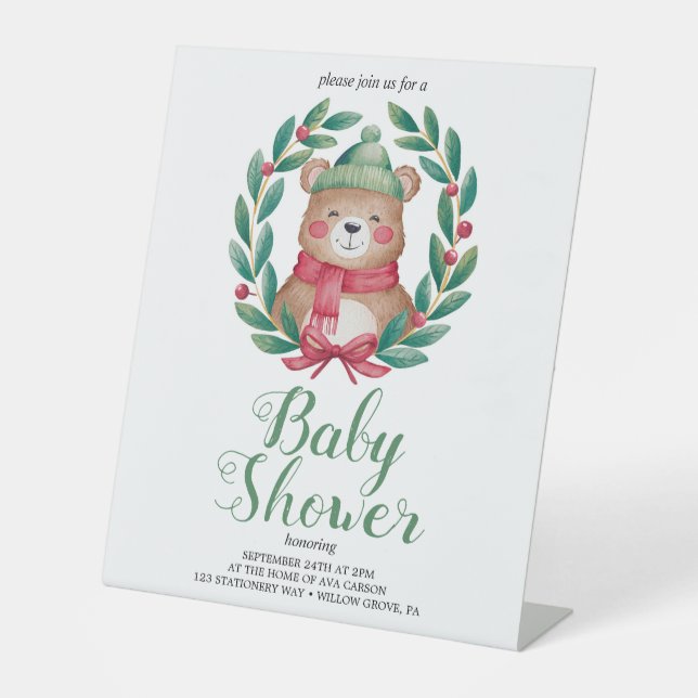 cute bear watercolor baby shower pedestal sign (Front)