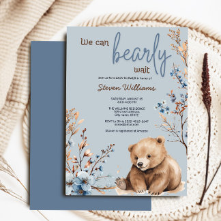 Cute bear watercolor boy baby shower invitation 