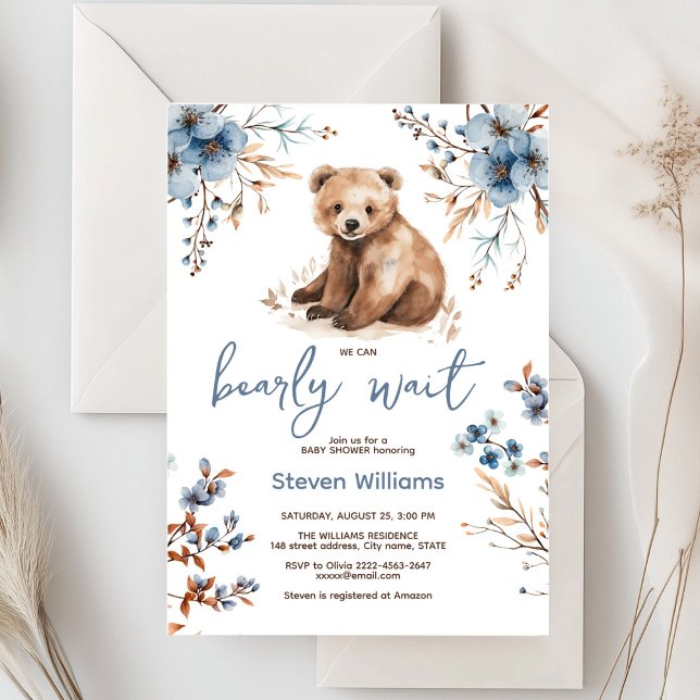 Cute bear watercolor boy baby shower invitation  (Cute bear with rustic blue flowers baby shower invitation)