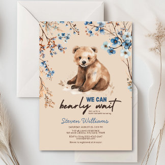 Cute bear watercolor boy baby shower invitation 