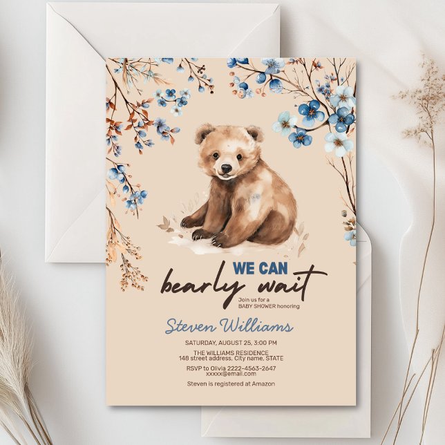 Cute bear watercolor boy baby shower invitation  (Cute bear with rustic blue flowers baby shower invitation)