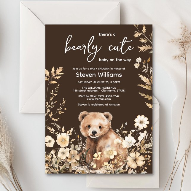 Cute bear watercolor boy baby shower invitation  (Cute watercolor forest bear with rustic beige flowers baby shower invitation)