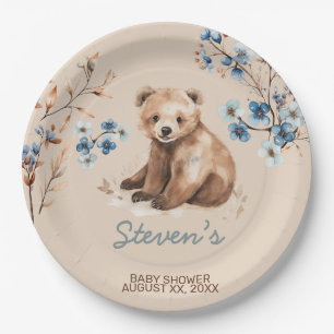Cute bear watercolor boy baby shower invitation paper plate