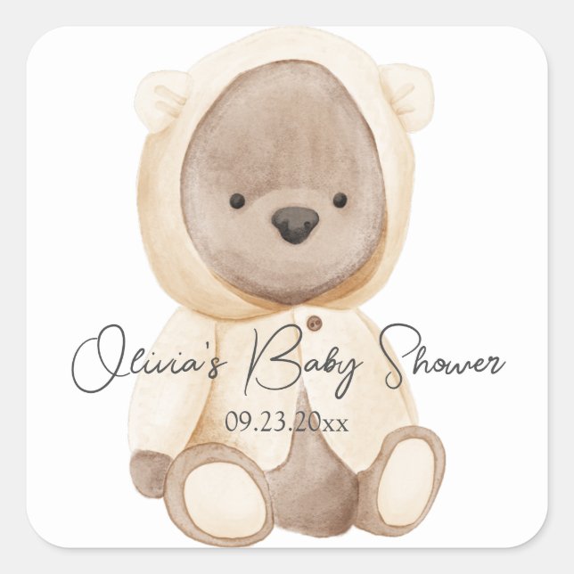 Cute Bear Watercolor Personalised Baby Shower Square Sticker (Front)