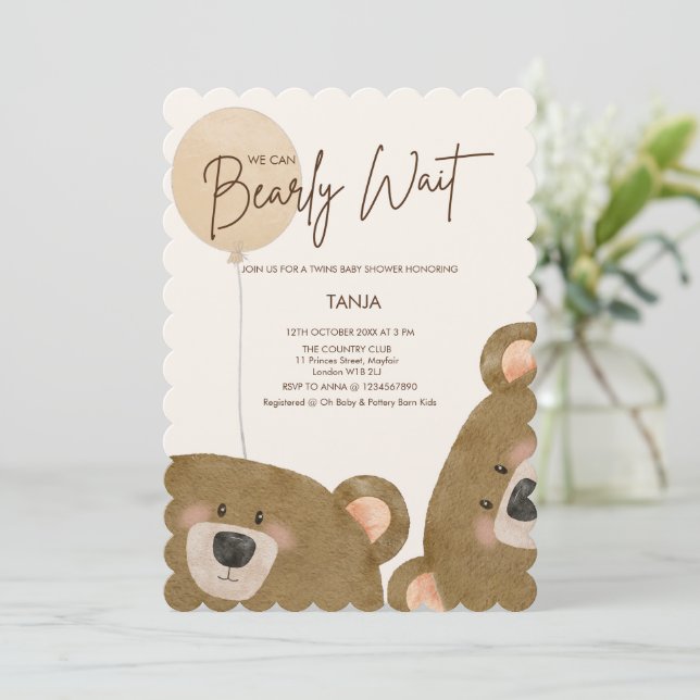 Cute Bear We Can Bearly Wait Gender Baby Shower  Invitation (Standing Front)