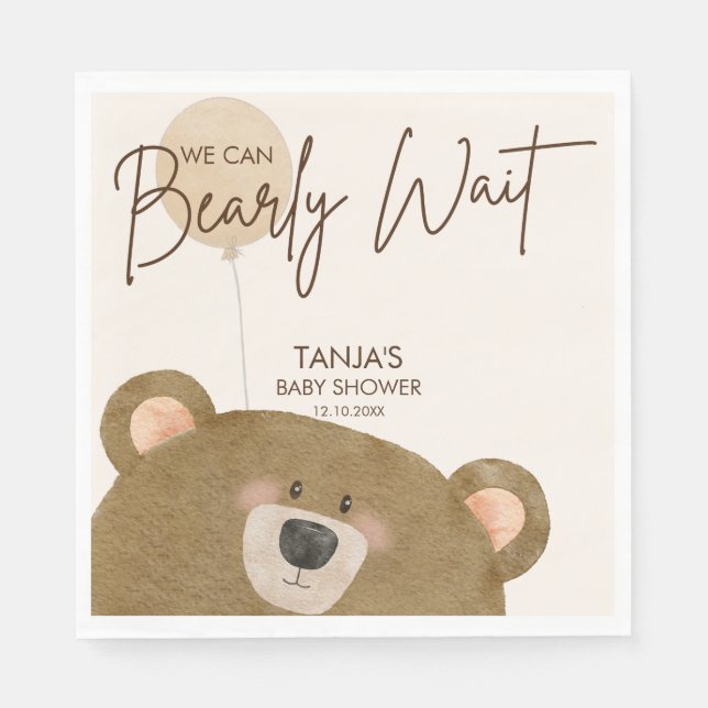 Cute Bear We Can Bearly Wait Gender Baby Shower  Napkin (Front)