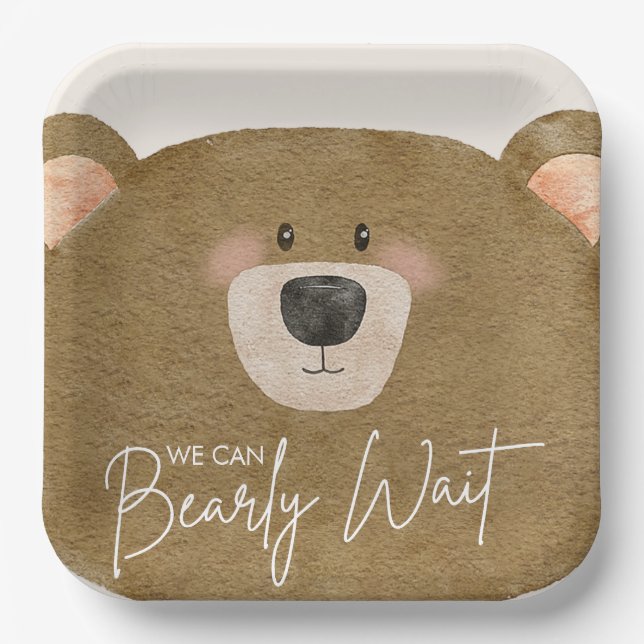 Cute Bear We Can Bearly Wait Gender Baby Shower  Paper Plate (Front)