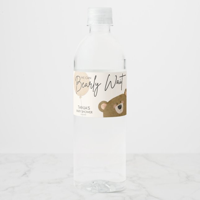 Cute Bear We Can Bearly Wait Gender Baby Shower  Water Bottle Label (Front)