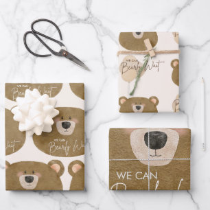 Cute Bear We Can Bearly Wait Gender Baby Shower  Wrapping Paper Sheet