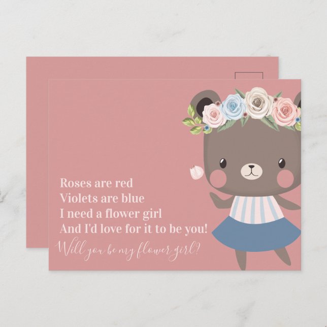 Cute Bear Wedding Flower Girl Proposal Announcement Postcard (Front/Back)