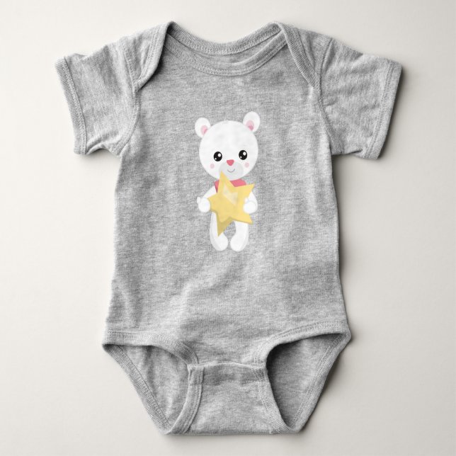 Cute Bear, White Bear, Teddy Bear, Baby Bear, Star Baby Bodysuit (Front)