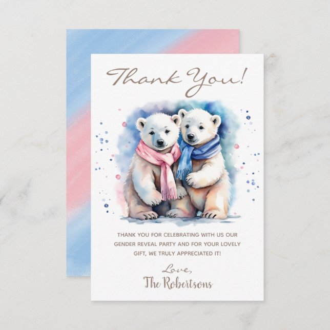 Cute Bear Winter Animal Gender Reveal Party Thank You Card (Front/Back)