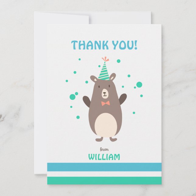 Cute Bear with Balloon Birthday Thank You Card (Front)