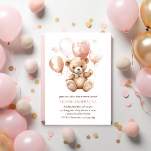 Cute Bear With Balloons   Baby Pink  Invitation