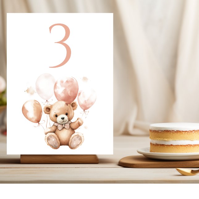 Cute Bear With Balloons | Baby Pink  Table Number (Creator Uploaded)