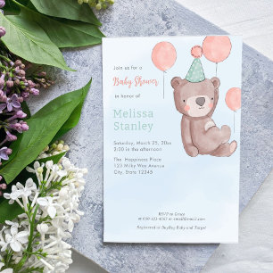 Cute bear with balloons baby shower invitation