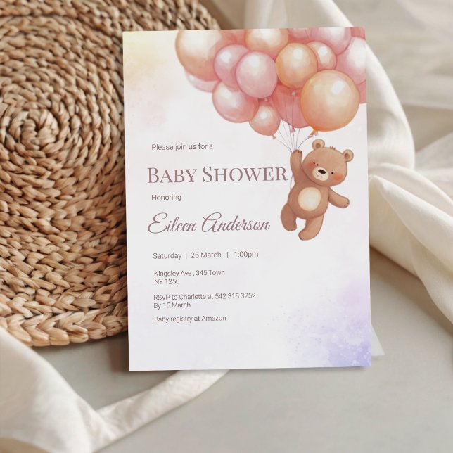 Cute Bear with Balloons Baby Shower Invitation (Cute Bear with Balloons Baby Shower Invitation)