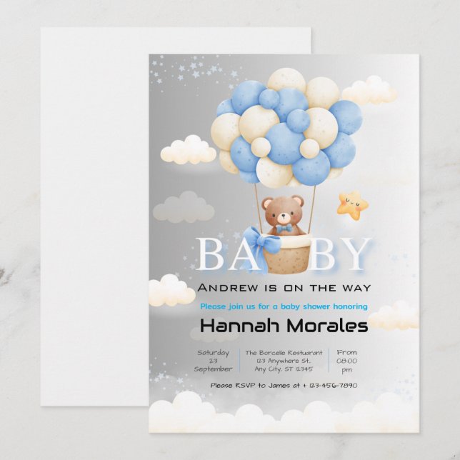 Cute Bear with Balloons Dual Shade Baby Shower Invitation (Front/Back)