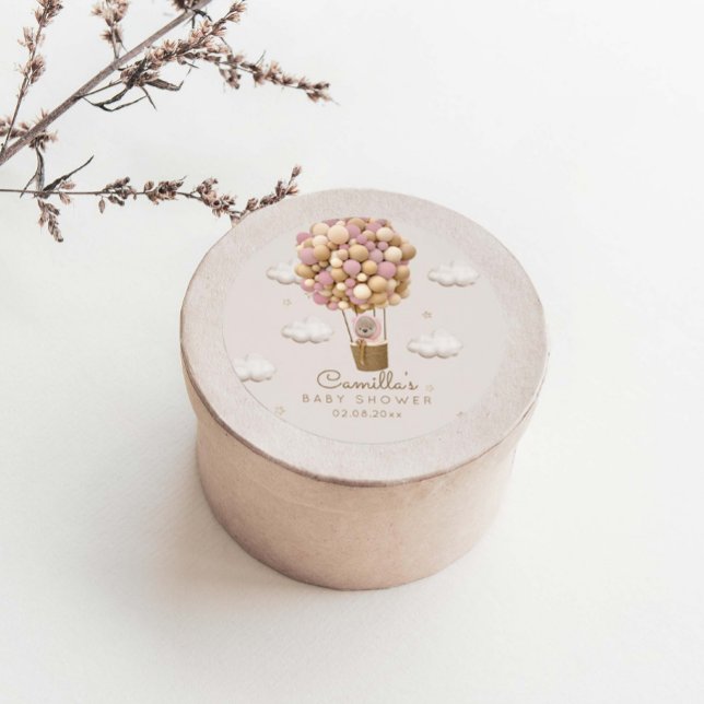 Cute Bear With Balloons Girl Baby Shower  Classic Round Sticker (Creator Uploaded)