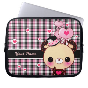 Cute bear with balloons on black and pink plaid laptop sleeve