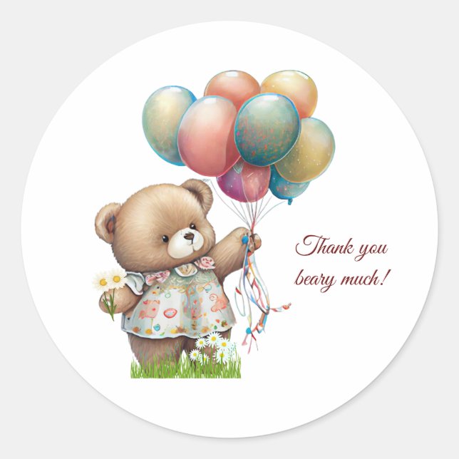 Cute Bear with Balloons Personalised Classic Round Sticker (Front)