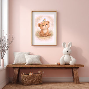 Cute Bear With Bird Neutral Nursery Kids Room Poster