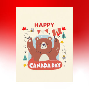 Cute Bear with Canadian Flag Happy Canada Day Postcard