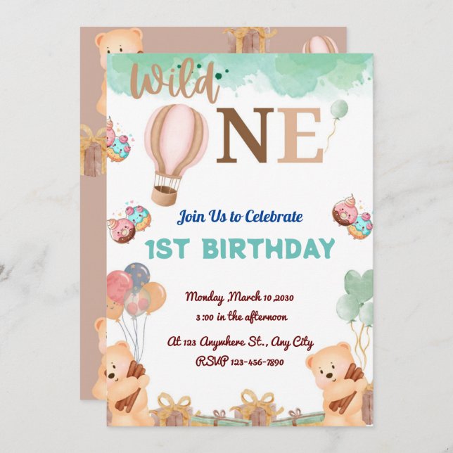 cute bear with colourful balloon for 1st birthday invitation (Front/Back)