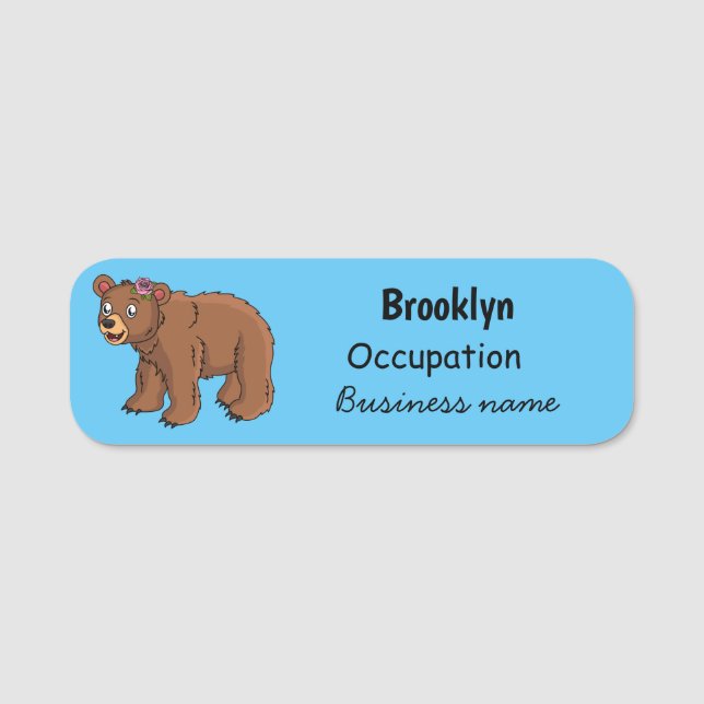 Cute bear with flower cartoon illustration name tag (Front)
