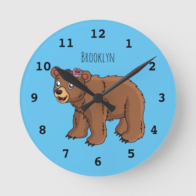 Cute bear with flower cartoon illustration round clock (Front)