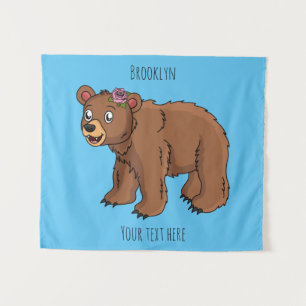 Cute bear with flower cartoon illustration tapestry