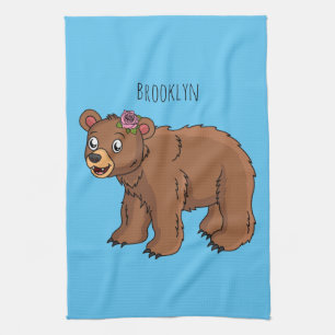 Cute bear with flower cartoon illustration tea towel