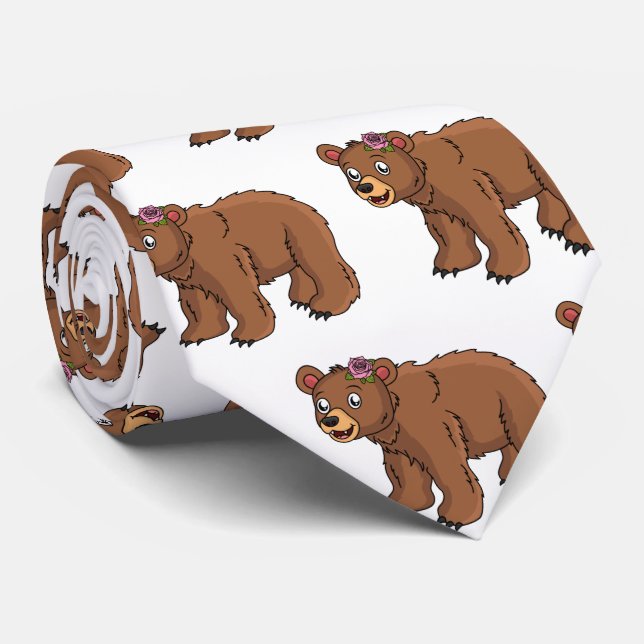 Cute bear with flower cartoon illustration tie (Rolled)