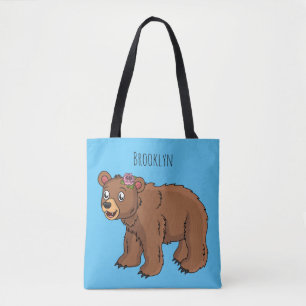 Cute bear with flower cartoon illustration tote bag