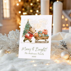 Cute Bear with Gifts Merry & Bright Family  Holiday Card
