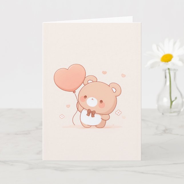 Cute Bear with Heart Balloon Greeting Card (Small Plant)