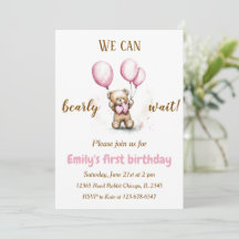 Cute Bear with Pink Balloons | Birthday Invitation