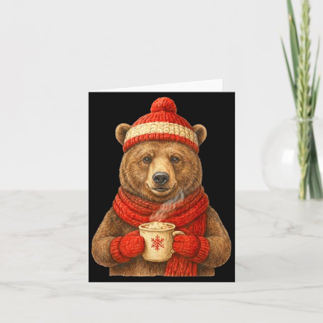 Cute Bear With Santa Hat Coffee Lover Funny Winter Card (Front)